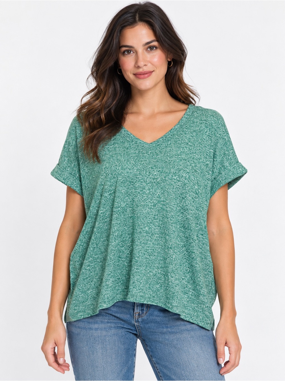 Zenana Melange Hacci Green V-Neck Short Sleeve Cuffed Relaxed Fit